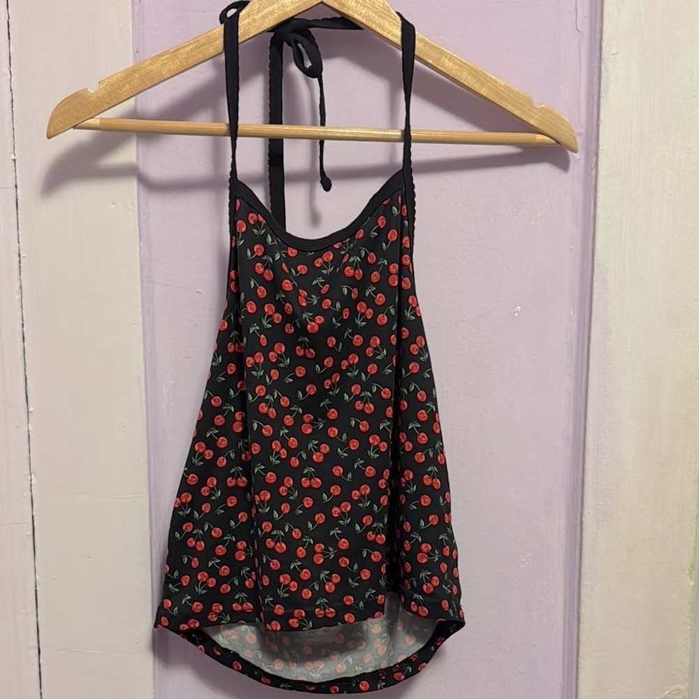 Y2K DOLLS KILL  Cloud Ten Cherry Print Black and Red Women's Halter Top goth